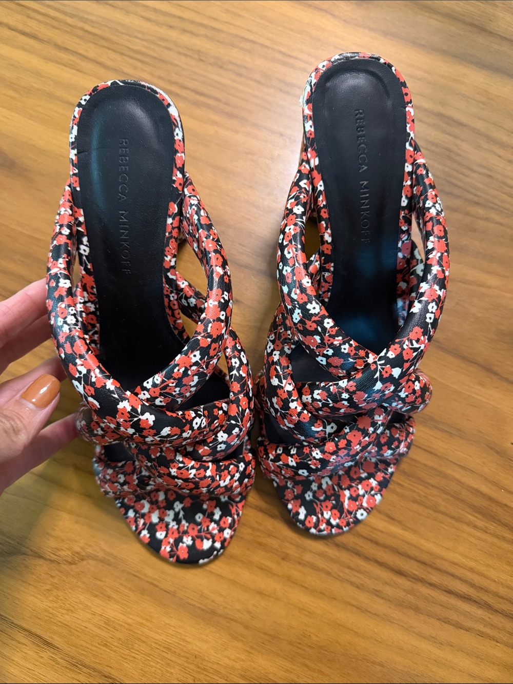 Rebecca Minkoff Black Floral Knotted Slide Sandals with Red and White Accents
